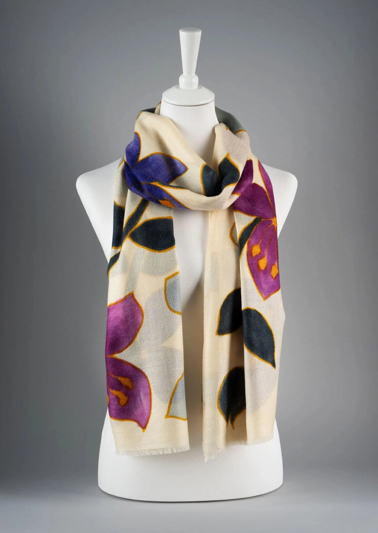 KASCHMIR-SCHAL Creme · Lila · Violett · Lichtgrau